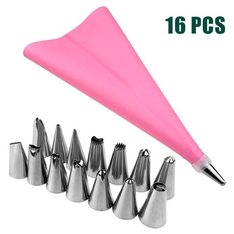 16PCS DIY Ice Piping Cream Pastry Bag Reusable Stainless Steel Nozzle Pastry Tips Converter Squeeze Cake Decorating Baking Tools