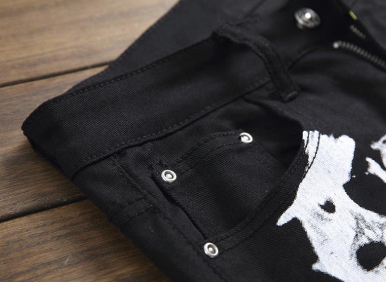 Black Colored Men's Painted Print Jeans Slim Straight Stretch Denim Pants