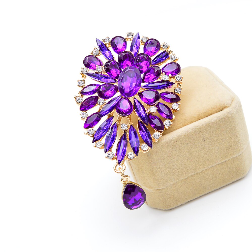 2 Colors Available Big Crystal Water Style Brooches for Women Dress Coat Brooch Pins Scarf Buckle Luxury Brooch: purple