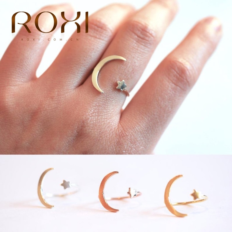 Anillos abiertos de estrella simétricos ROXI Moon para mujeres Anillos de plata de ley 925 joyería Bague bisutería para mujer Luna anillo abierto de plata