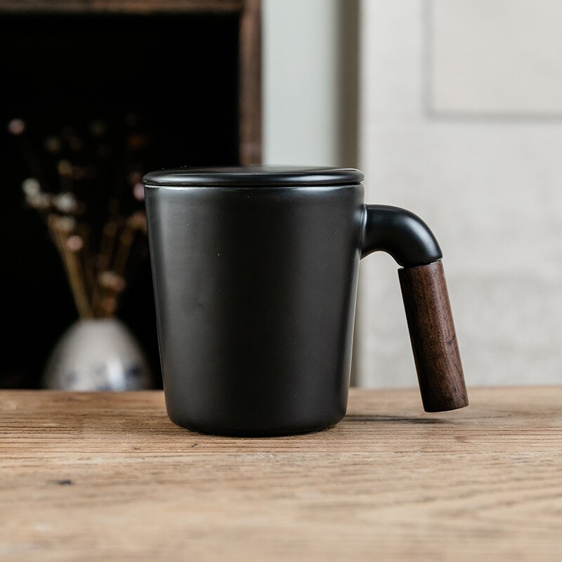 Ceramic Cup Simple Cup With Lid Wooden Insulated Handle Black And White Ceramic Milk Coffee Drink Cup Coffee Appliance