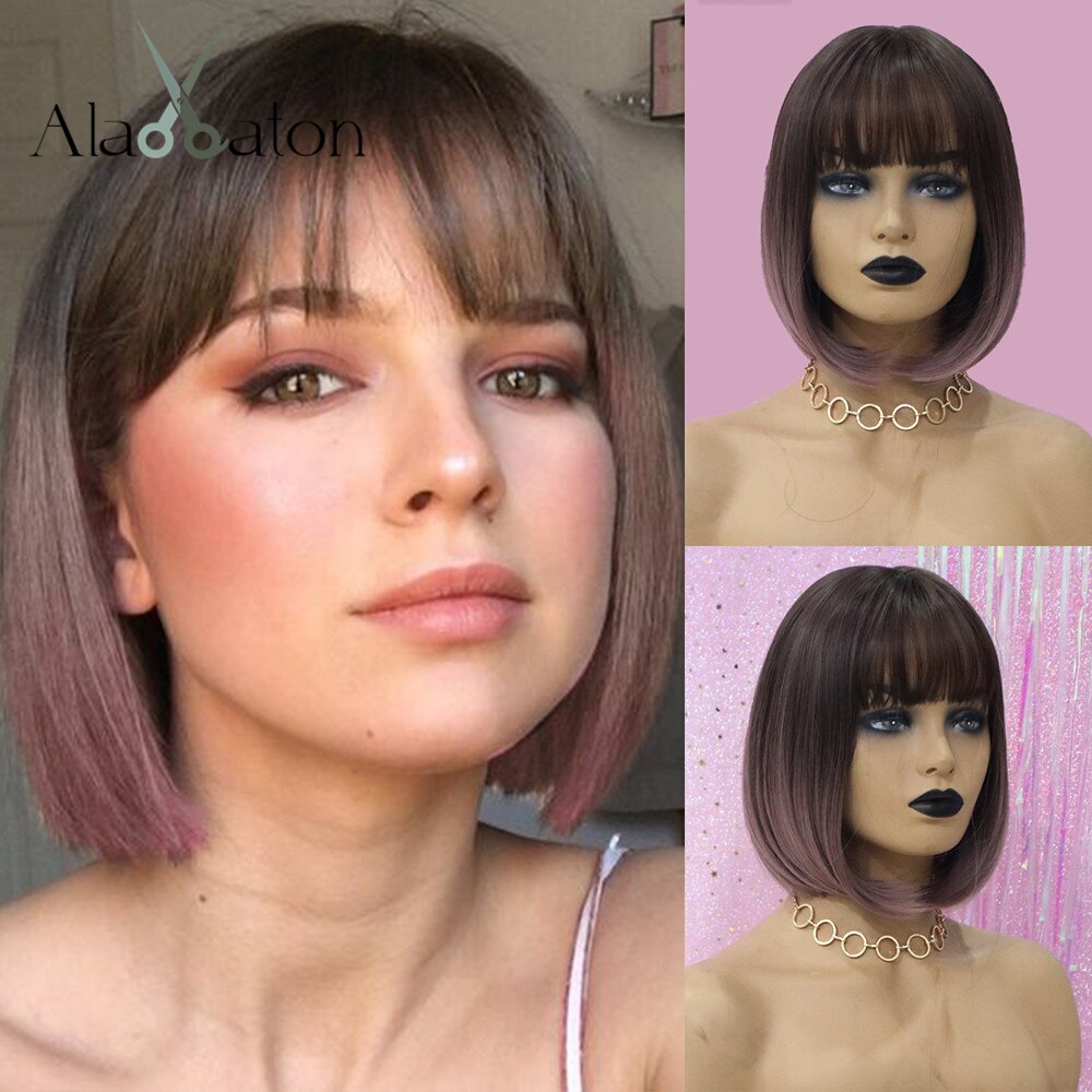 Alan Eaton Rechte Donkerbruin Blonde Ombre Synthetische Pruiken Met Pony Voor Vrouwen Korte Bob Pruik Hittebestendige Lolita Cosplay pruiken: ss147