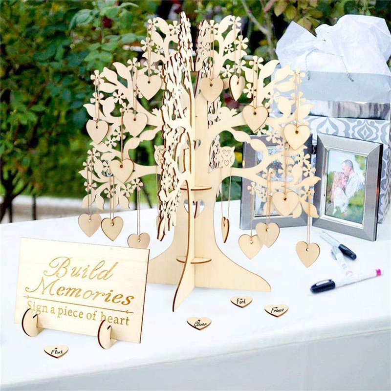 Livre d'or de mariage, arbre de souhaits, livre de Signature 3D avec pendentif en forme de cœurs en bois, décoration de fête, de mariage, directe