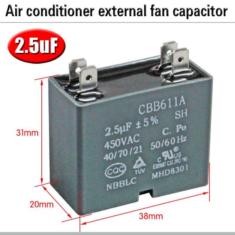 CBB61 Airconditioner Externe Ventilator Startcondensator 1.5/2/2.5/3/3.5/4/5/6/8Uf 450V Motor Condensator 4 Insert Drukvaste: 2.5uf