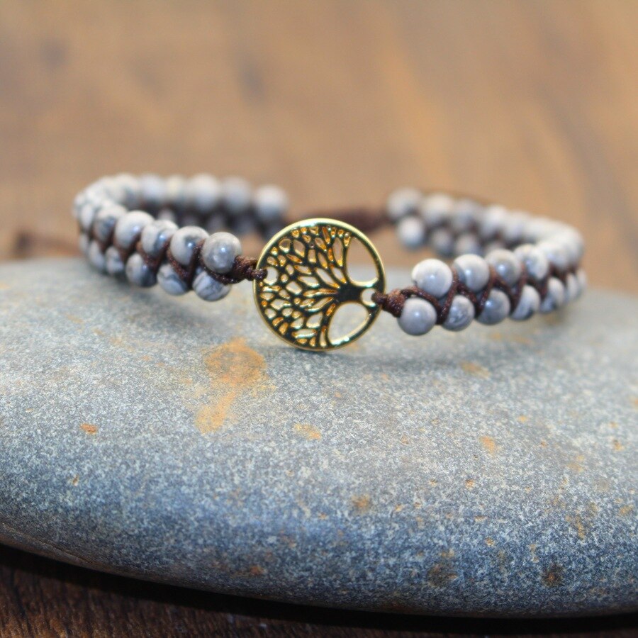 Árvore de pedra natural da vida yoga chakras contas frisado pulseiras corda de couro artesanal tecido wrap pedra ajustável casal pulseira: Gray