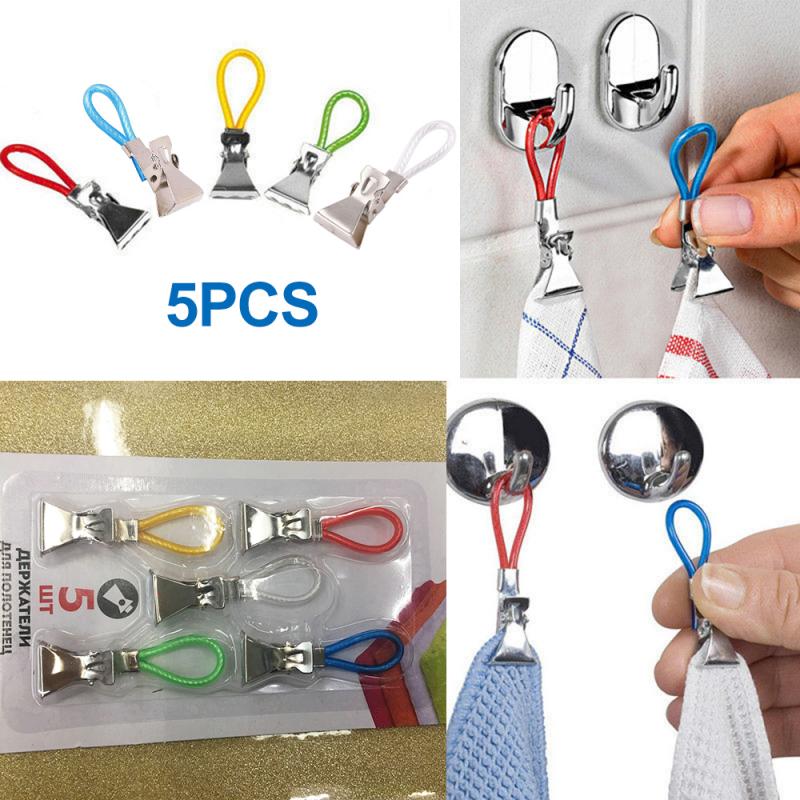 5PCS Tea Towel Hanging Clips On Hooks Loops Hand Towel Hangers Household Kitchen Bathroom Organizer Multifunction Tool