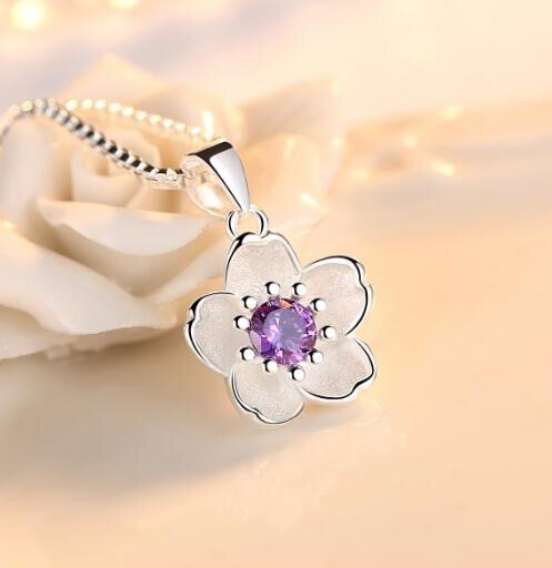 Collares con colgante de flores de cerezo para mujer, de plata de ley cristal brillante, cadena de caja corta para boda, 925: Purple