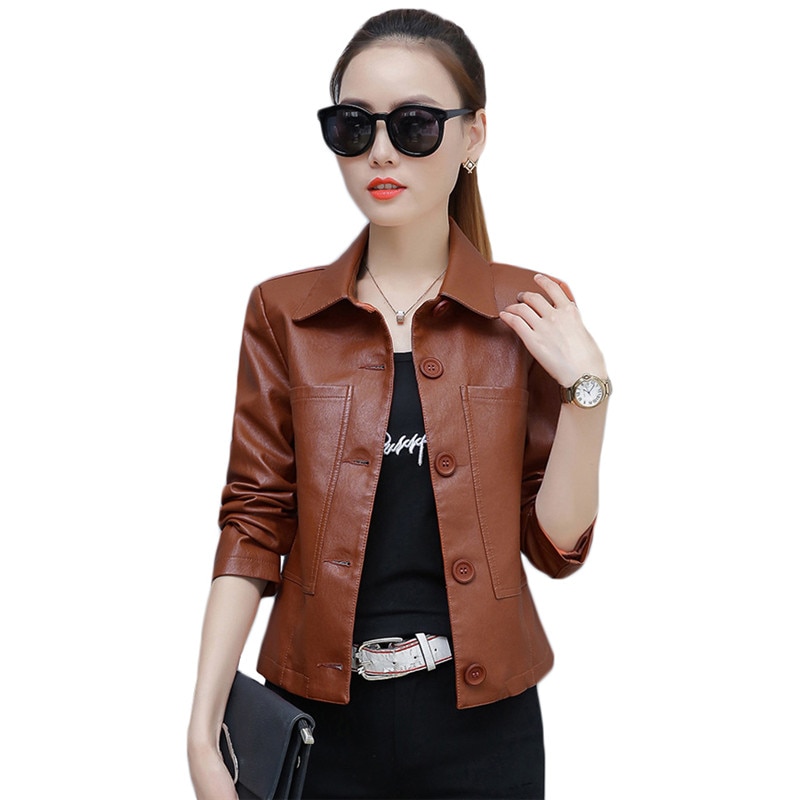 Skinnjacka dam caramel 3xl 4xl kort slim pu coat vår höst koreanska chic moto kläder  ld855