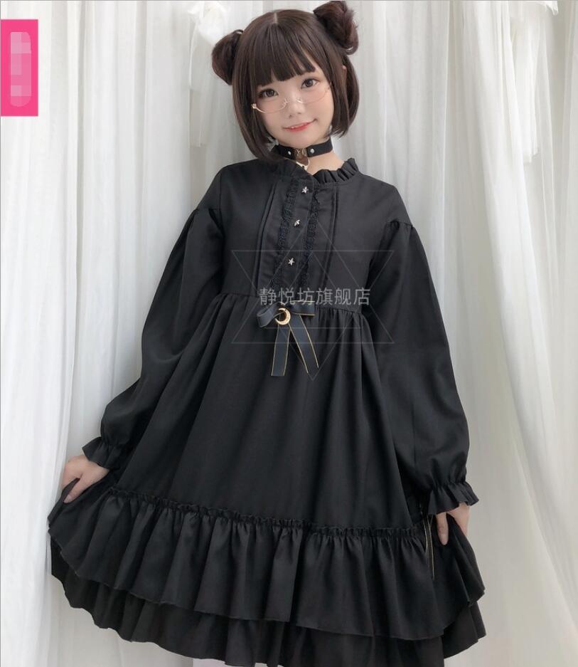 Robe Lolita japonaise noire Vintage gothique à manches longues, robe Court Kawaii pour filles, tenue de fête du thé