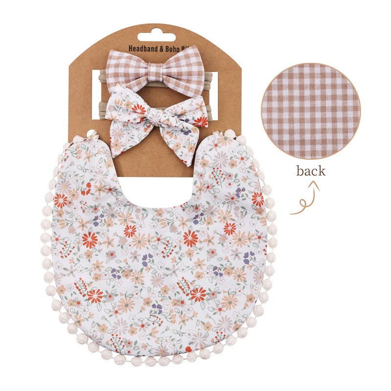 Babadores de algodão para bebês com estampa de flores, 3 peças, conjunto de avental para crianças e meninas, panos para arrotar, turbante, material de alimentação: style3