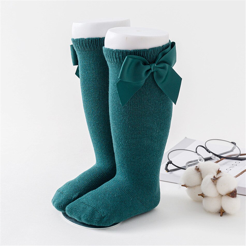 Novo outono e primavera bebê meias de algodão joelho alto estilo espanhol grande arco chão meias crianças meias para meninos meninas 0-3 anos: Dark green / S for 0-2years 