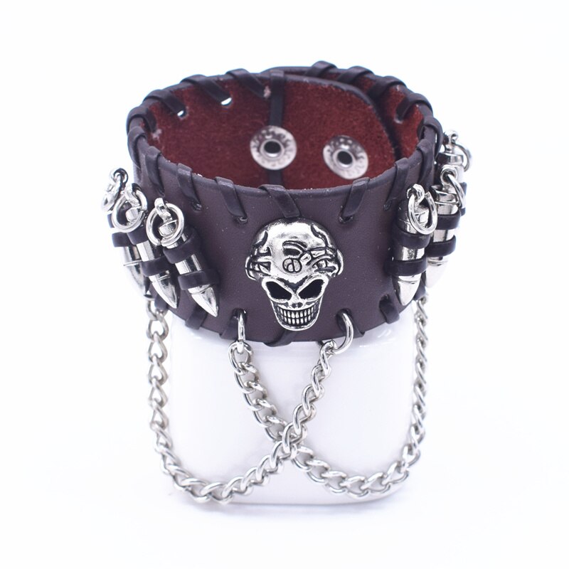 Punk Kwastje Ketting Bullet met Schedel Bedelarmband Homme Zwart & Bruin Gevlochten Touw Lederen Armband Mannen Sieraden