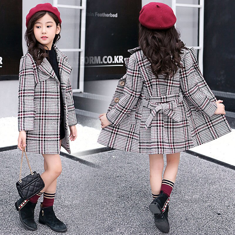 Ins tjejer yllerock 4-13 år gammal koreansk ytterjacka tjejer höst och vinter lång yllerock förtjockningsdike