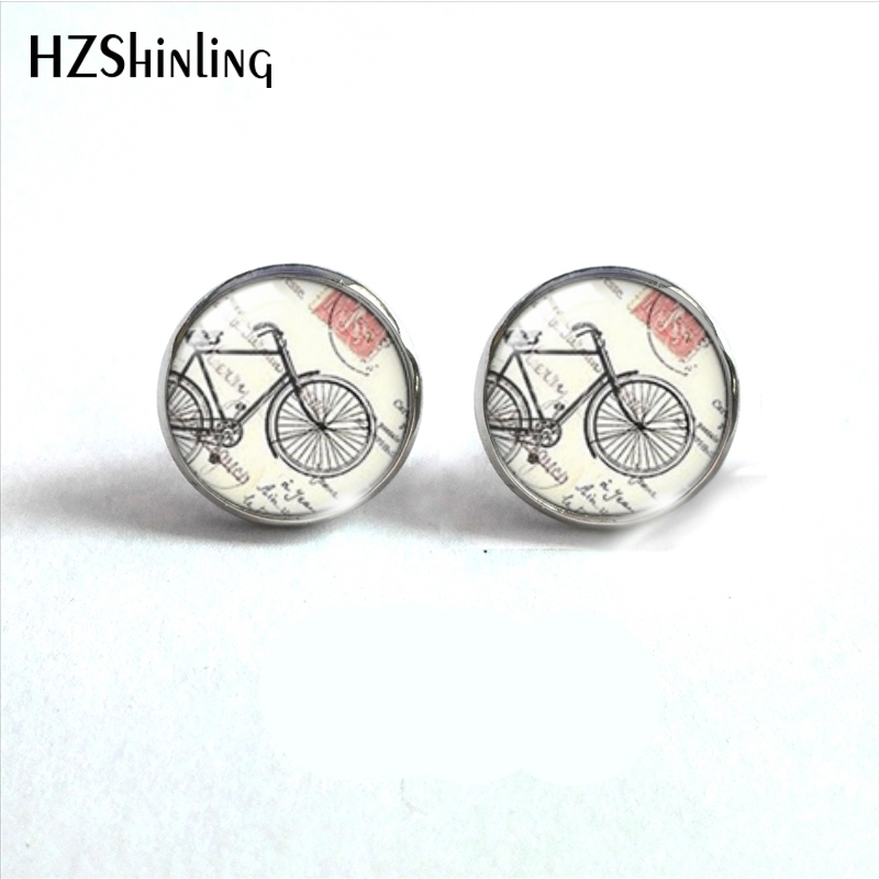 Pendientes de tuerca de vidrio de acero inoxidable para bicicleta, joyería de de oreja de cabujón de vidrio, libro de flores Vintage: Blanco / Bañado en rodio de imitación