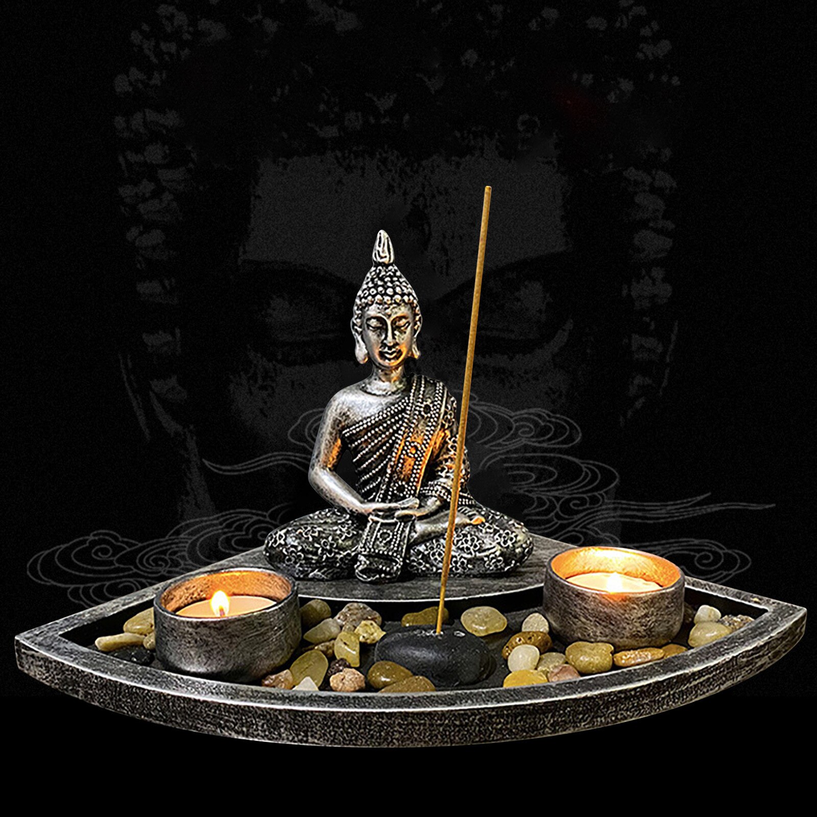 Buddha Head Sculpture Zen Garden Set Tealight Candle Holders Wooden Display Tray Home Accessories Year Decoration: B