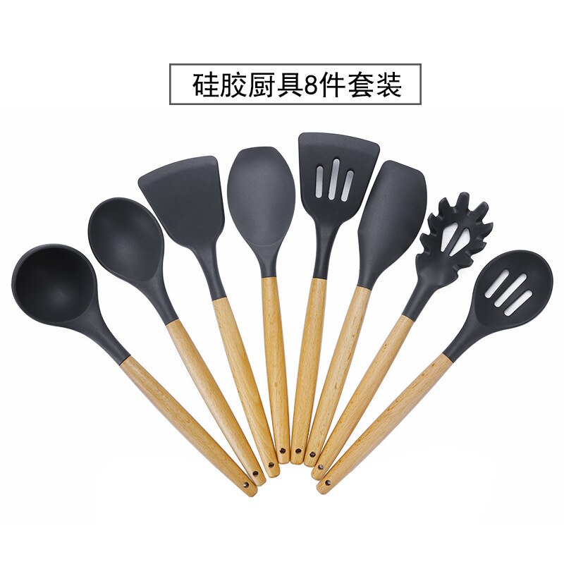 Silicone Cooking Utensil Set Wooden Handle Spatula Soup Spoon Brush Ladle Pasta Colander Non stick Cookware Kitchen Tools: 8PC