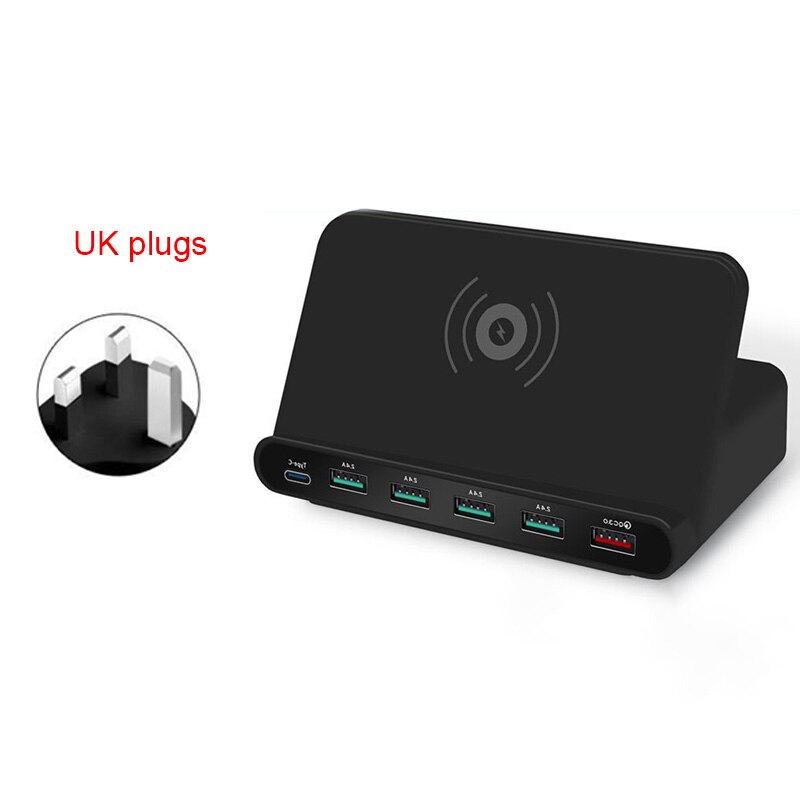 Multi-Port Usb Charger Draadloos Opladen Dock Type C QC3.0 Port Smart Snel Opladen Draagbare Reizen Snelle Charger Us Eu uk Plug: White / uk