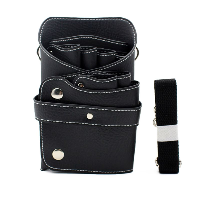 Hair Stylist Pockets PU Leather Pouch Scissors Bag with Strap Hairdressing Tool: black