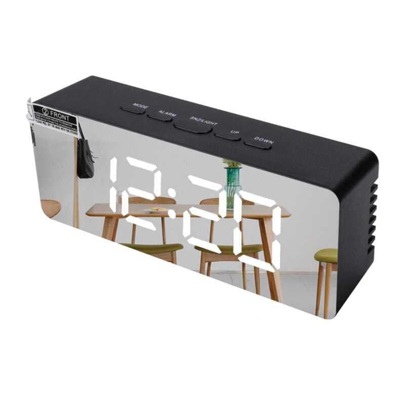 Digitale Klok Groot Display, LED-spiegel Wekker Digitale Wekker Elektronische Klokken Oplaadbare USB-tafelklok (Rechthoekig zwart-wit licht