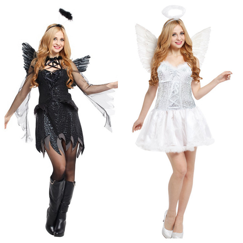Halloween Cosplay Costume Black White Demon Devil Angel Stage Show Party Fancy Dress With Halo Ring Feather Wings