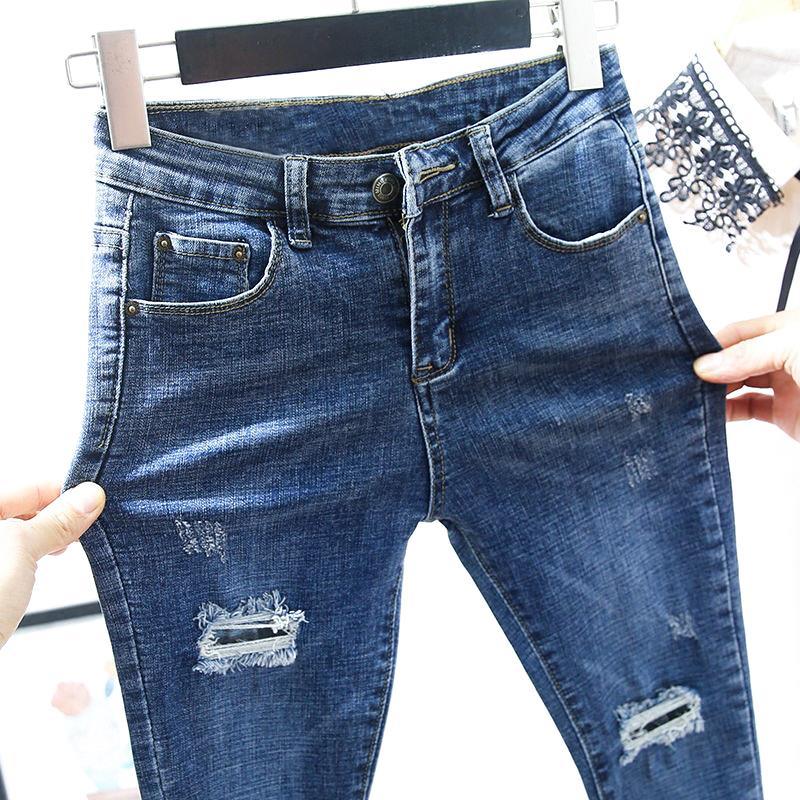 Skinny potloodjeans dames gat blauwe broek katoen gescheurd enkellange blauwe dames jeans broek broek plus size