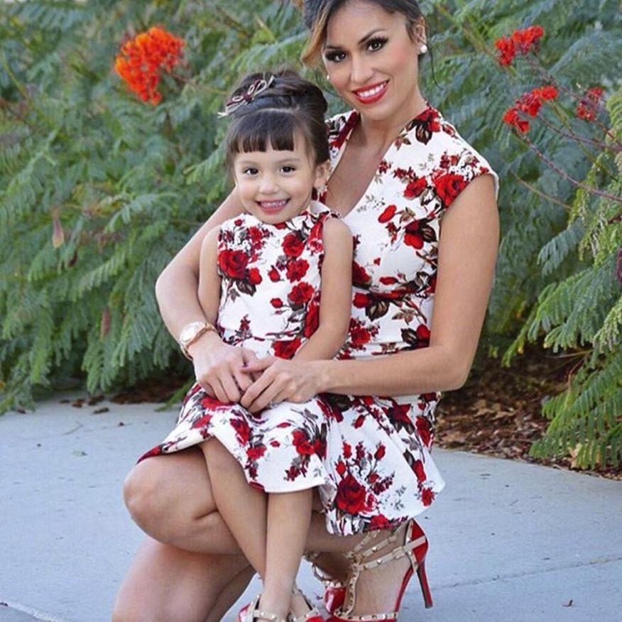PPXX Summer Floral Girl Women Dress Mother Daughter Family Matching Formal Party Wedding Dress Clothing Family Look Rose
