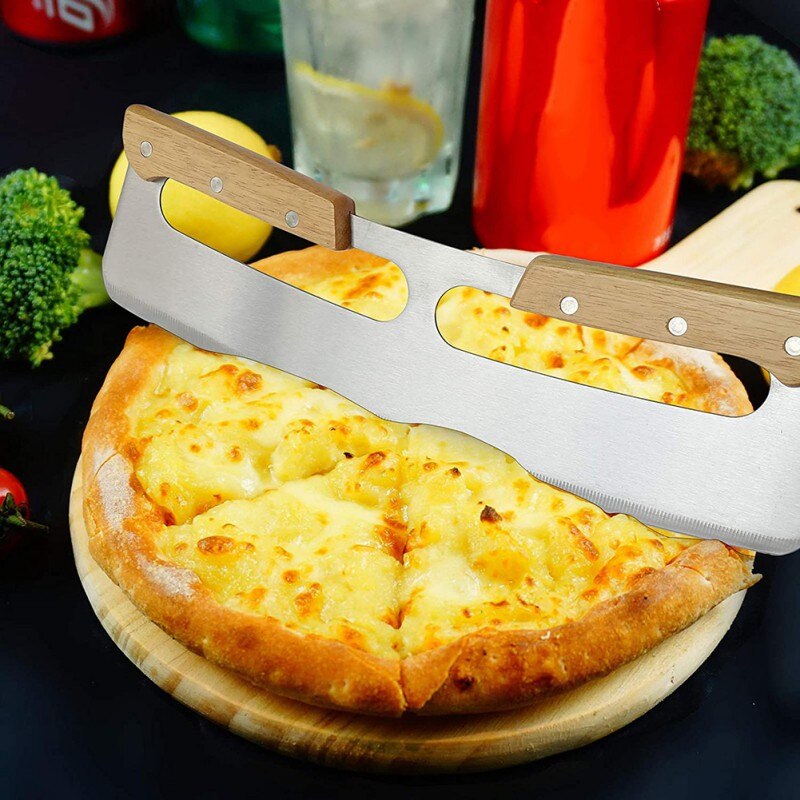 Dual Handvat Pizza Blade Halfronde Pizza Kookplaat Houten Handvat Rvs Schommelstoel Blade Met Houten Handvat