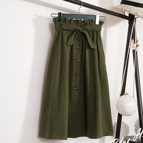 Faldas de verano y otoño para mujer, Falda Midi hasta la rodilla con botones coreanos , de cintura alta, plisada, para la escuela,: green