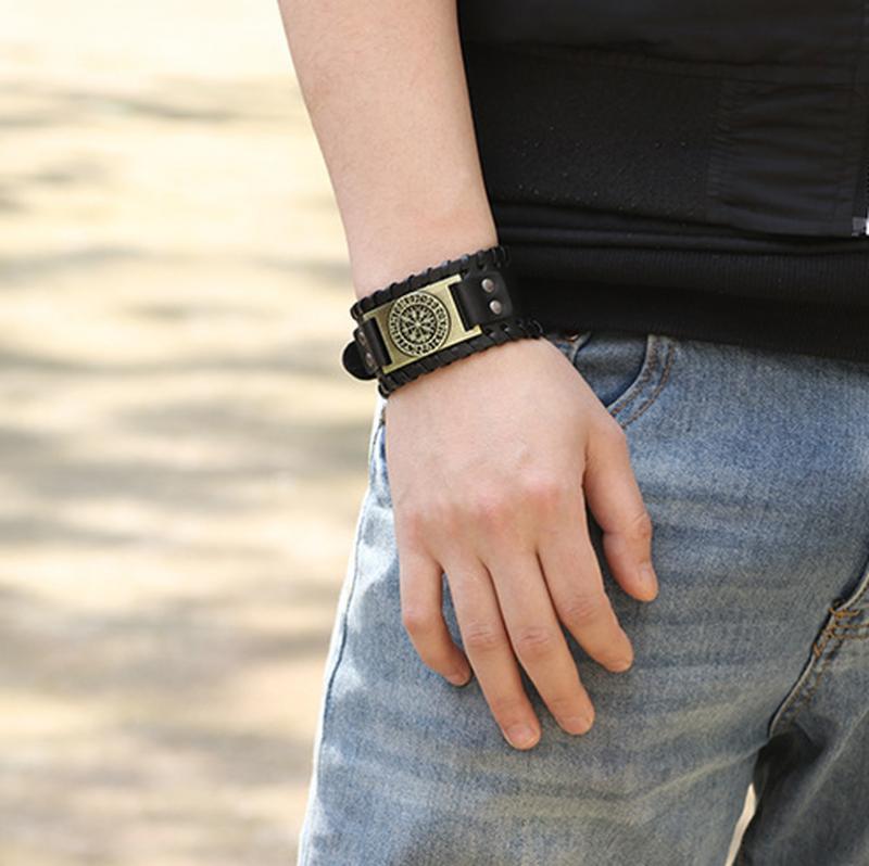 Nordic Vintage Kompas Talisman Viking Armband Punk Lederen Verstelbare Pols Wrap Armband Voor Mannen Boy Biker Sieraden