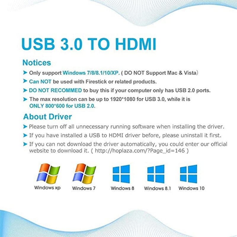 USB to H DMI Adapter Cable USB 3.0/2.0 to HDMl 1080P Video Converter for PC Laptop Plug And Play