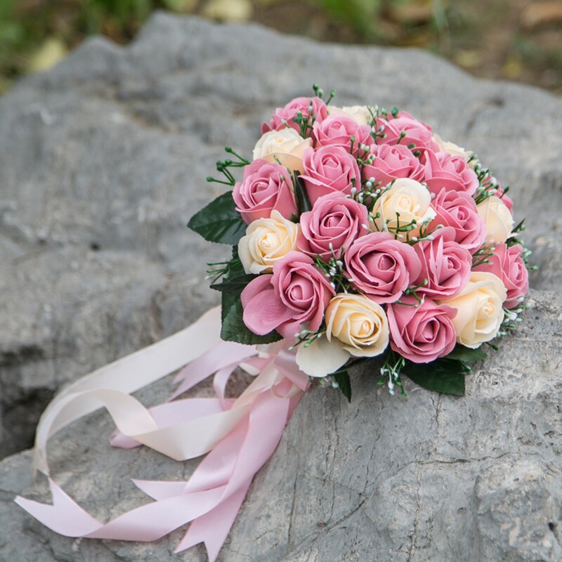 Bruidsboeket, huwelijksbloemen, roze/rood/bordeauxrood bruidsboeket, bruidsmeisjesboeket, kunstroos, bruidsboeket: Bonenpasta champagne