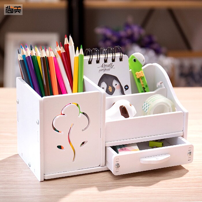 Multi-function 4 Grid Desktop Pen Holder Office School Stationery Storage Case Wood Box Desk Pen Pencil Organizer Phone Holder: White flower