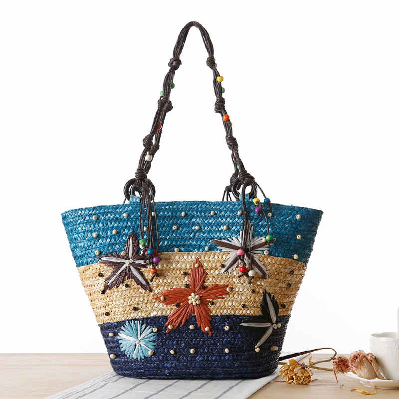 Bohemian hand-embroidered starfish straw bag beaded woven handbag shoulder bag: blue