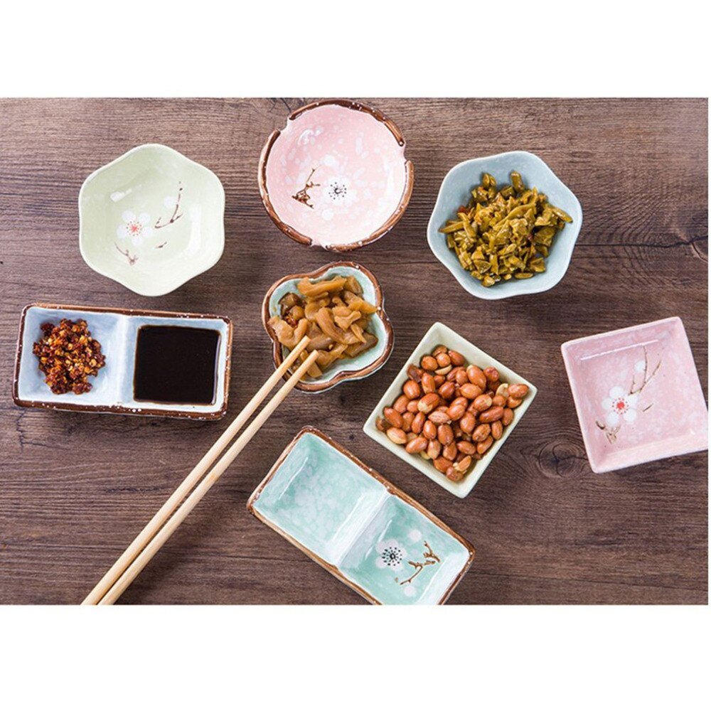 Japanese-Style 3 Colors Snowflake Glaze Hexagonal Circular Ceramic Plum-Shaped Ceramic Dish Sauce Dish Kitchen Supplies