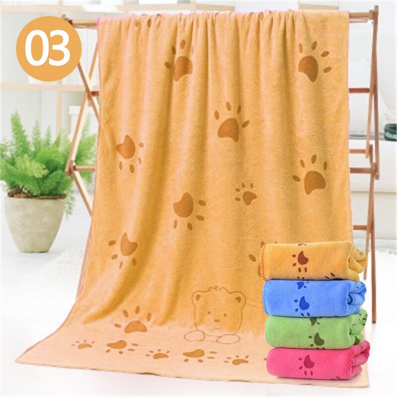 Doux dessin animé chien chat Superfine Fiber serviette de bain rapide sec chiot absorbant cheveux gant de toilette Super grand fournitures multi-fonction: yellow paw / 70 140cm