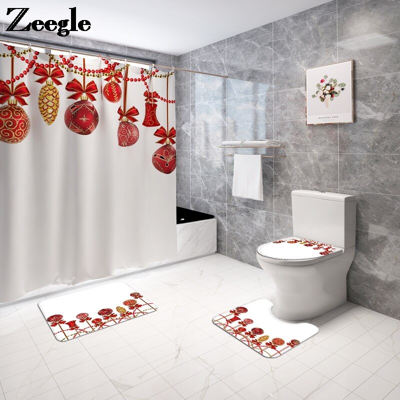 Kerst Badmat En Douchegordijn Set Gedrukt Badkamer Mat Set Anti Slip Badkamer Voet Mat Absorberende Badkamer Tapijt