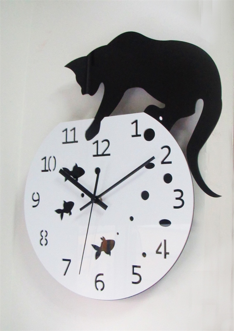 Decoração Da Casa 3D Acrílico Relógio de Parede Projeto Do Gato e Peixe Grande Relógio Relógio De Quartzo Gato Sala de estar relógios Decorativos: Default Title
