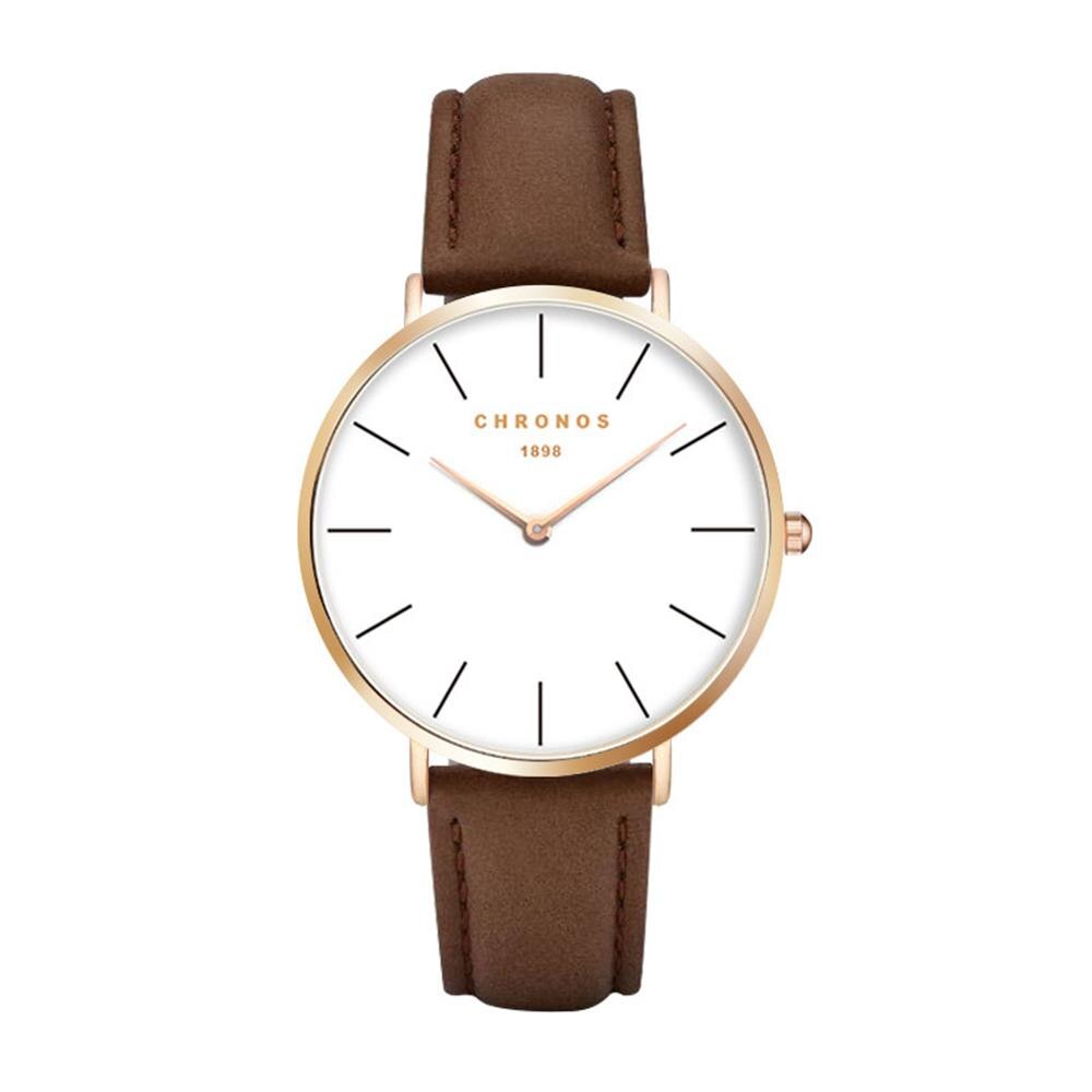 Chronos 1898 Mannen Vrouwen Simple Quartz Horloge Case Unisex Paar Lederen Horloges Grote Analoge Gezicht Bruin Zwart Montre Femme: CH-0234