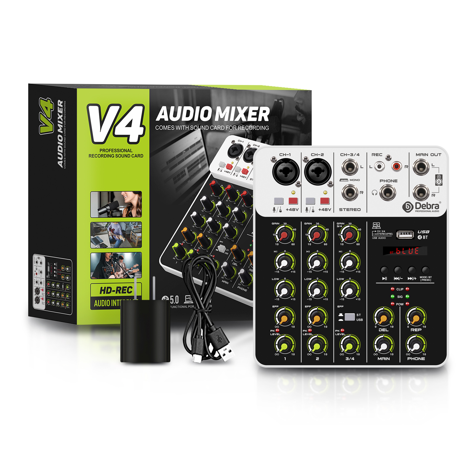 Mezclador de Audio Debra V4 de 4 canales con Bluetooth USB 48V efecto repetido de retardo de energía fantasma para consola mezcladora de sonido grabación de PC