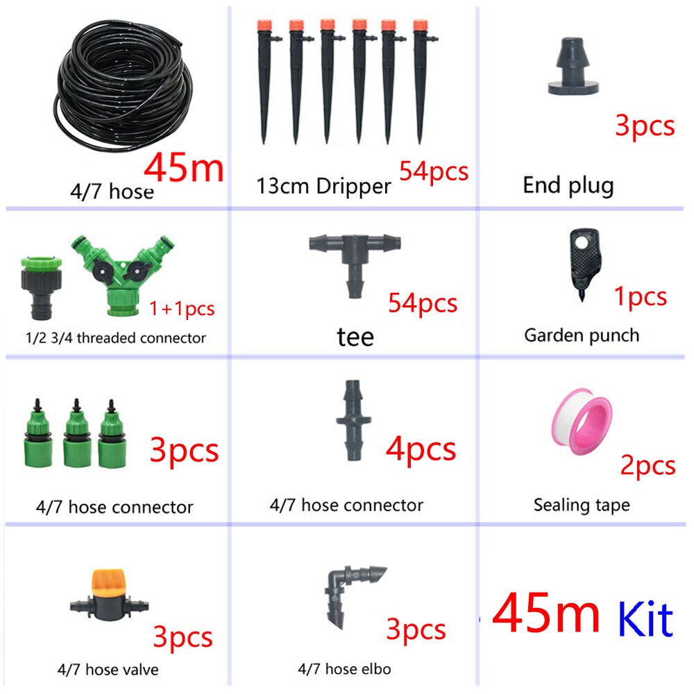 1/4" Hose Drip Irrigation System 360 Degree Adjustable 8 Hole Sprinkler Kit Garden Watering Inserting Ground Micro Flow Dripper: 45M