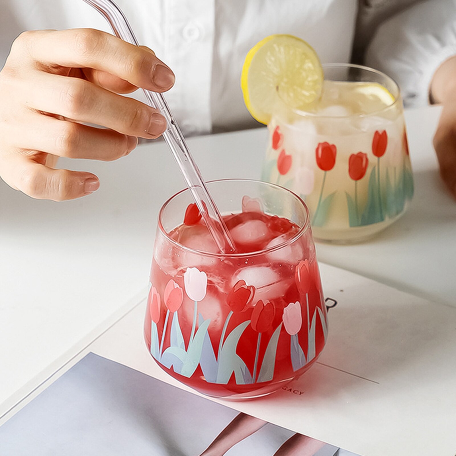 Tekoppar juice mjölkglas kaffe mugg vatten kopp vintage tulpan tryck transparent öl whisky mjölk glas kopp hem restaurang mugg