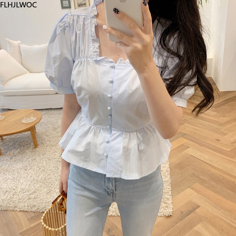 Short Chic Tops Summer Puff Sleeve Slim Waist Peplum Lace-Up Bow Tie Ruffled Shirt Blouse Women Top Korean Japan Flhjlwoc Cute