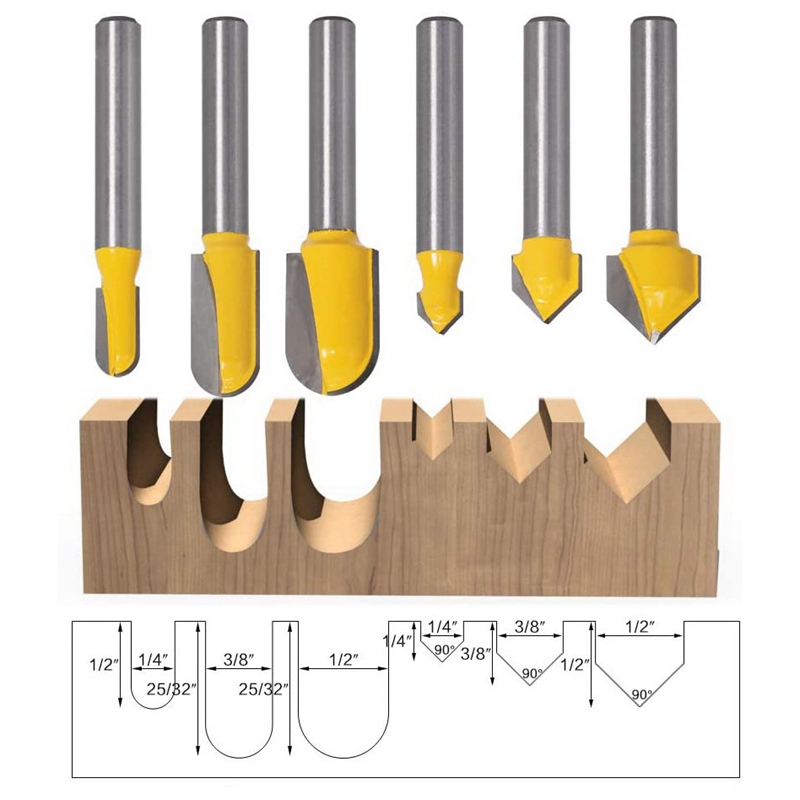6Pcs 1/4Inch Shank Carbide 90 Degree V-Groove And Round Nose Groove Router Bit Set Lettering Engraving Cutter
