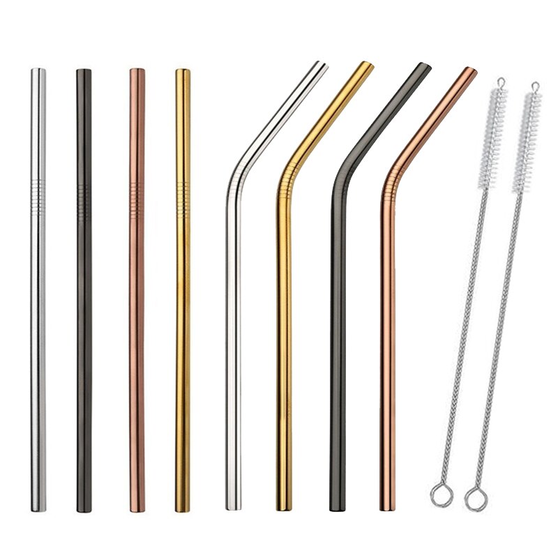 4/8Pcs Edelstahl Strohhalme Metall Wiederverwendbare Trinken Stroh Gold Gerade Gebogen Stroh Mit Reinigung Pinsel und Tasche