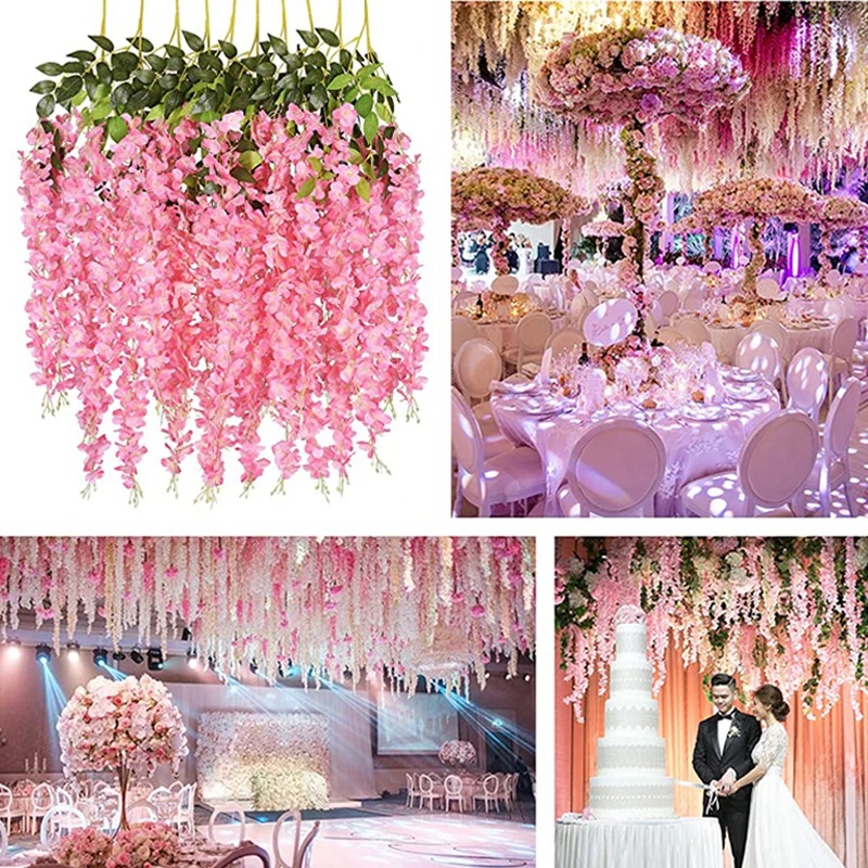 12 pçs flores artificiais de glicínias ratta extra longo grosso videira pendurado guirlanda de seda glicínias para festa em casa decoração de casamento
