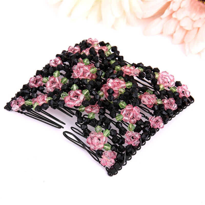 Accessoires de coiffure de dames perles magiques élasticité Double peigne à cheveux pince accessoires de coiffure extensibles: Pink