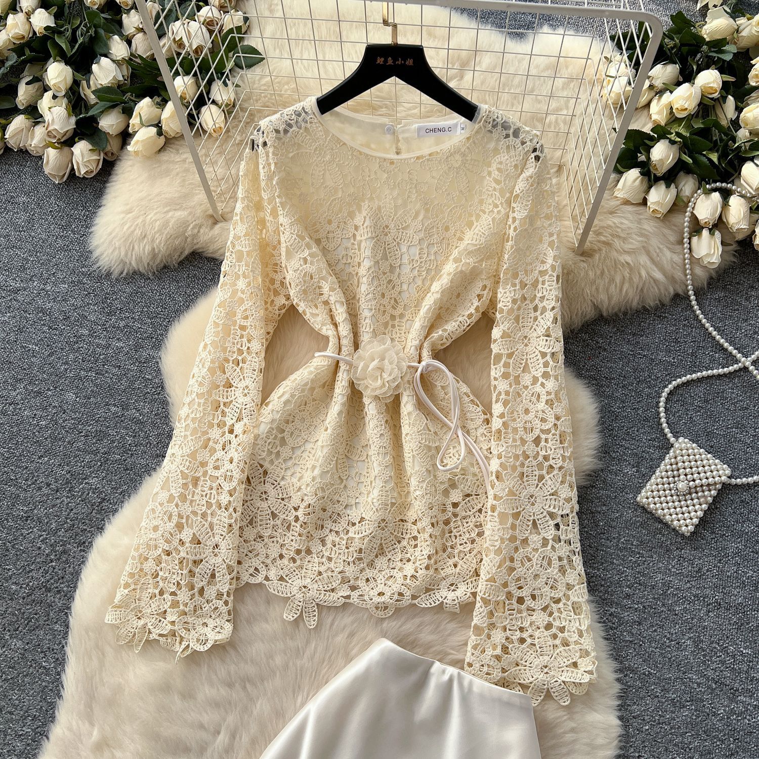 Kesäinen pitkä mekko, naisten ontto kirjonta, pitsipuserot, midi-satiinihameet, 2 kpl asuja, pinkki, toimistonaisten työmekot