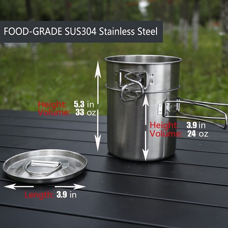 2Pcs Foldable Camping Cups And Mugs Pot 304 Stainless Steel Outdoor-Cookware-Set With Vented Lid,Camping Kettle