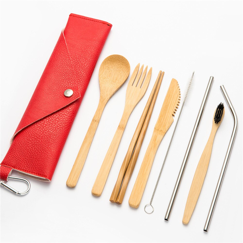 10 stuks Herbruikbare Bamboe Bestek Set Draagbare Servies Houten Bestek Vork Lepel Mes Set met Bestek Tas voor Travel Dinning set