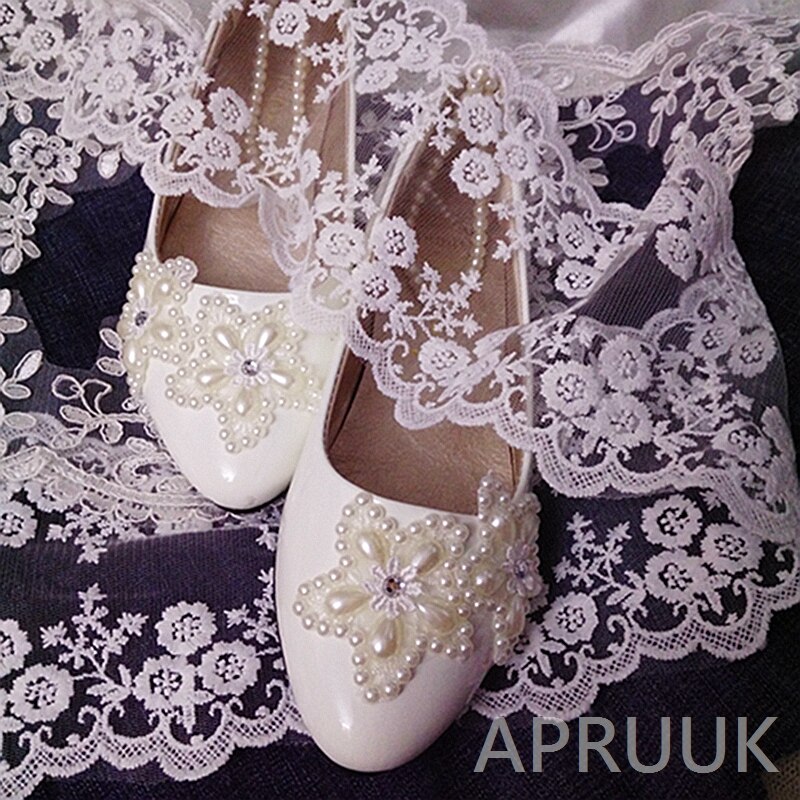 Ivoor Parels bruiloft schoenen bruid platte hak handgemaakte plus maten 41 42 43 dames bloem meisjes party dansen flats elastische bandjes